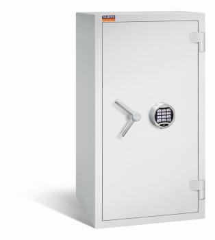 Ein lichtgrauer Wertschutzschrank einem Elektronischen Schloss. Die Tür ist geschlossen. Das Produkt befindet sich vor einem weißen Hintergrund.