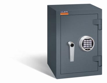 Ein graphitgrauer Wertschutzschrank einem Elektronischen Schloss. Die Tür ist geschlossen. Das Produkt befindet sich vor einem weißen Hintergrund.