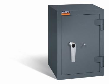 Ein graphitgrauer Wertschutzschrank mit einem Doppelbart-Sicherheitsschloss. Die Tür ist geschlossen. Das Produkt befindet sich vor einem weißen Hintergrund.