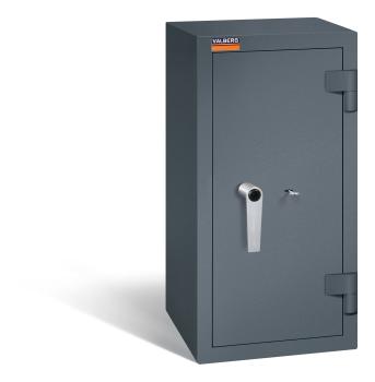 Ein graphitgrauer Wertschutzschrank mit einem Doppelbart-Sicherheitsschloss. Die Tür ist geschlossen. Das Produkt befindet sich vor einem weißen Hintergrund.