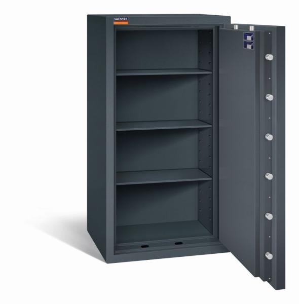 Geöffneter graphitgrauer Wertschutzschrank mit massivem Korpus und offener Tür. Im inneren befinden sich drei höhenverstellbare Fachböden. Der Tresor steht vor einem weißen Hintergrund.