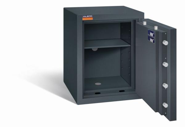 Geöffneter graphitgrauer Wertschutzschrank mit massivem Korpus und offener Tür. Im inneren befindet sich ein höhenverstellbarer Fachboden. Der Tresor steht vor einem weißen Hintergrund.