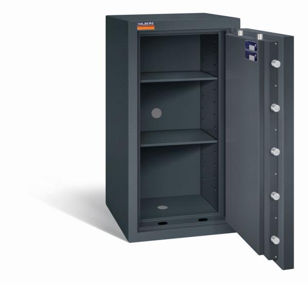 Geöffneter graphitgrauer Wertschutzschrank mit massivem Korpus und offener Tür. Im inneren befinden sich zwei höhenverstellbare Fachböden. Der Tresor steht vor einem weißen Hintergrund.