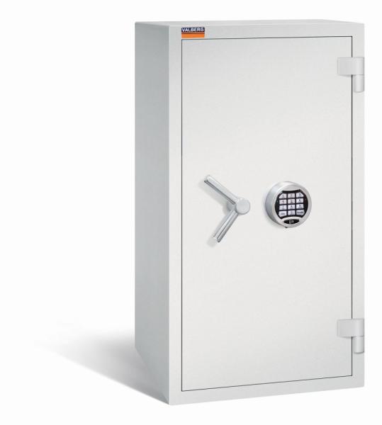 Ein lichtgrauer Wertschutzschrank einem Elektronischen Schloss. Die Tür ist geschlossen. Das Produkt befindet sich vor einem weißen Hintergrund.