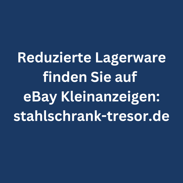Text in einer weißen Schrift: " Reduzierte Langerware finden Sie aus eBay Kleinanzeigen: stahlschrank-tresor.de´´.  Der Hintergrund ist dunkelblau.