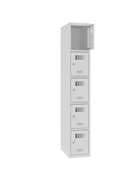 Ein lichtgrauer Fächerschrank mit einem Abteil und fünf Fächern mit jeweils einer Tür. Die oberste Tür ist geöffnet. Der Schrank steht vor einem weißen Hintergrund.