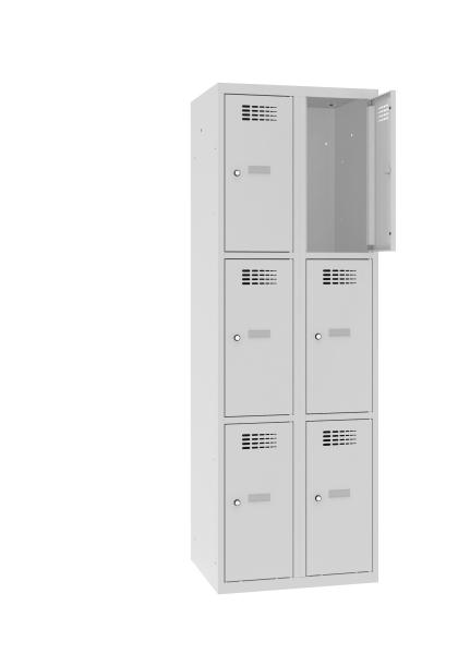 Ein lichtgrauer Fächerschrank mit zwei Abteilen und sechs Fächern mit jeweils einer Tür. Die obere rechte Tür ist geöffnet, während der Schrank vor einem weißen Hintergrund steht.