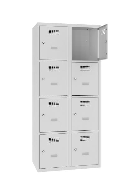 Ein lichtgrauer Fächerschrank mit zwei Abteilen und acht Fächern mit jeweils einer Tür. Die obere rechte Tür ist geöffnet, während der Schrank vor einem weißen Hintergrund steht.