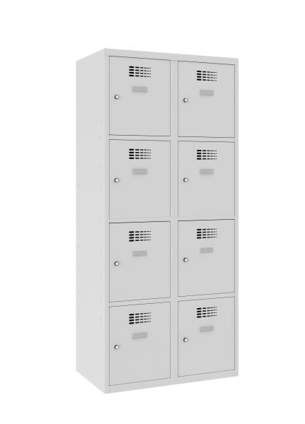 Ein lichtgrauer Fächerschrank mit zwei Abteilen und acht Fächern mit jeweils einer Tür. Alle Türen sind geschlossen. Der Schrank steht vor einem weißen Hintergrund.