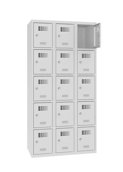 Ein lichtgrauer Fächerschrank mit drei Abteilen und 15 Fächern mit jeweils einer Tür. Die oberste rechte Tür ist geöffnet, während der Schrank vor einem weißen Hintergrund steht.