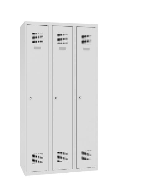 Lichtgrauer Kleiderwäscheschrank vor einem weißen Hintergrund und drei Flügeltüren mit Lochbild. Der Schrank hat 3 Abteile Wahlweise mit Zylinder oder Drehriegel.