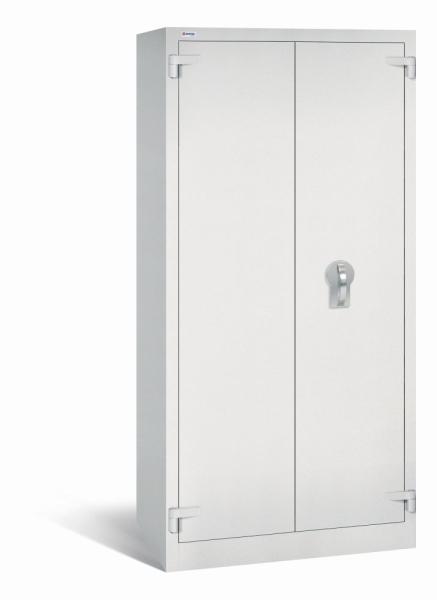 Ein geschlossener Dokumentenschrank in lichtgrau mit sichtbarem Doppelbart-Sicherheitsschloss. Der Tresor steht vor einem weißen Hintergrund.