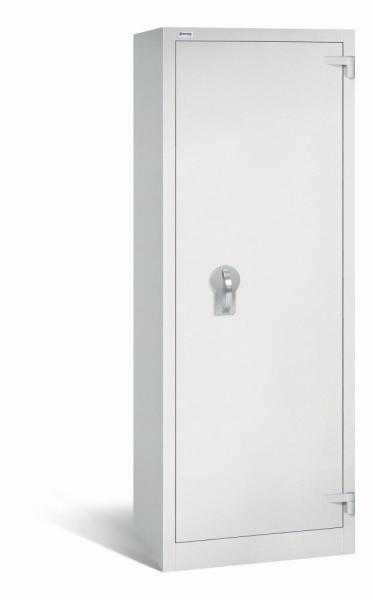 Ein geschlossener Dokumentenschrank in lichtgrau mit sichtbarem Doppelbart-Sicherheitsschloss. Der Tresor steht vor einem weißen Hintergrund.