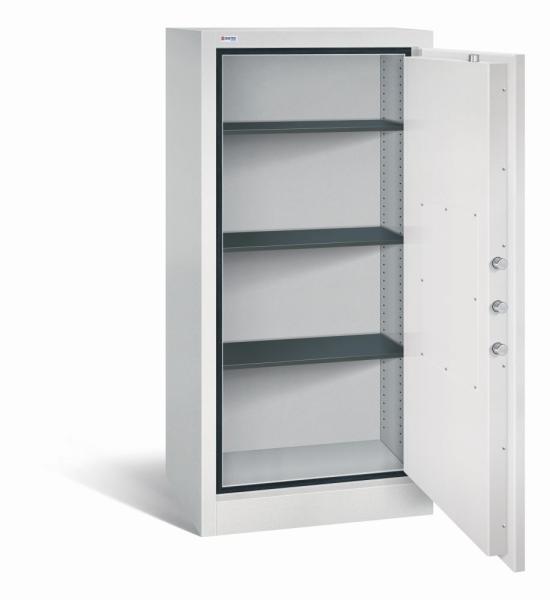 Geöffneter lichtgrauer Dokumentenschrank mit drei Fachböden und leerem Innenraum. Es ist eine sichtbare Türverriegelung vorhanden. Der Tresor steht vor einem weißen Hintergrund.