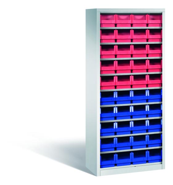 Lichtgrauer Regallagerschrank mit 9 Fachböden und 40 Sichtlagerkästen (20 blau, 20 rot). Geeignet zur Aufbewahrung in Lagern oder Werkstätten. Das Produkt steht vor einem weißen Hintergrund.