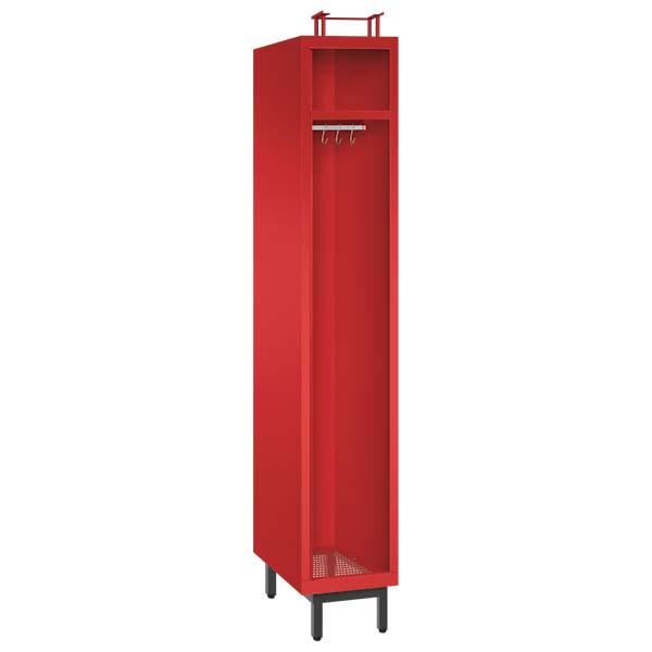 Ein feuerroter Feuerwehrschrank mit einem Abteil, einem Helmfach, einem Ablagefach und einer Kleiderstange mit Kleiderhaken. Der Unterbau besteht aus Stahlrohrfüßen. Das Produkt steht vor einem weißen Hintergrund.