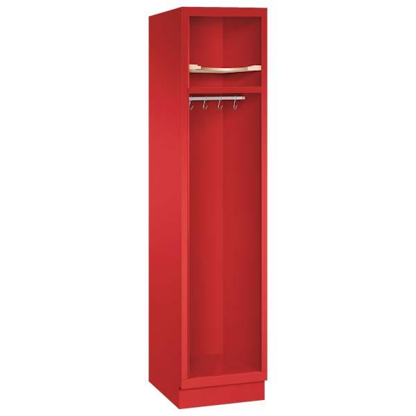 Ein feuerroter Feuerwehrschrank mit einem Abteil. Der Spind verfügt über einen Helmboden, eine Kleiderstange mit Kleiderhaken sowie einen Ablageboden. Das Produkt steht vor einem weißen Hintergrund.