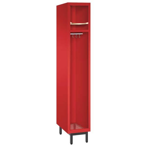Ein feuerroter Feuerwehrschrank mit einem Abteil. Der Spind steht auf Stahlrohrfüßen und verfügt über einen Helmboden, eine Kleiderstange mit Kleiderhaken sowie einen Ablageboden. Das Produkt steht vor einem weißen Hintergrund.