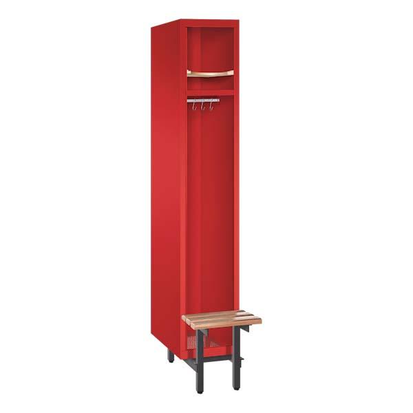 Ein feuerroter Feuerwehrschrank mit einem Abteil. Der Spind steht auf Stahlrohrfüßen und verfügt über einen Helmboden, einer Kleiderstange mit Kleiderhaken, einen Ablageboden und eine Sitzbank. Das Produkt steht vor einem weißen Hintergrund.