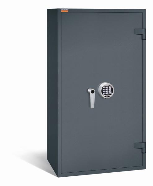 Ein graphitgrauer Waffenschrank mit einem elektronischen Schloss und einer geschlossenen Tür. Das Produkt steht vor einem weißen Hintergrund.