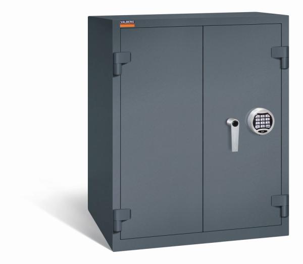 Ein graphitgrauer Aktenlagerschrank mit Elektronischem Schloss und zwei geschlossenen Türen. Der Tresor steht vor einem weißen Hintergrund