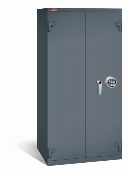 Ein graphitgrauer Aktenlagerschrank mit Elektronischem Schloss und zwei geschlossenen Türen. Der Tresor steht vor einem weißen Hintergrund.
