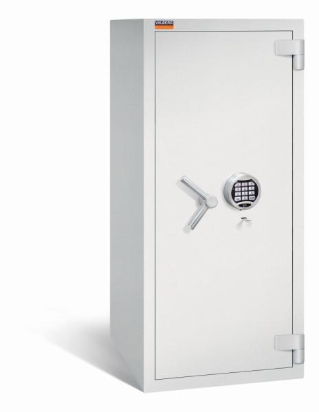 Ein lichtgrauer Wertschutzschrank mit einem Doppelbart-Sicherheitsschloss und einem Elektronischen Schloss. Die Tür ist geschlossen. Das Produkt befindet sich vor einem weißen Hintergrund.