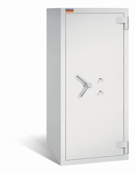 Ein lichtgrauer Wertschutzschrank mit zwei Doppelbart-Sicherheitsschlössern. Die Tür ist geschlossen. Das Produkt befindet sich vor einem weißen Hintergrund.