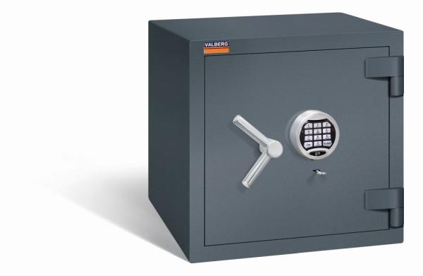 Ein graphitgrauer Wertschutzschrank mit einem Doppelbart-Sicherheitsschloss und einem Elektronischen Schloss. Die Tür ist geschlossen. Das Produkt befindet sich vor einem weißen Hintergrund.
