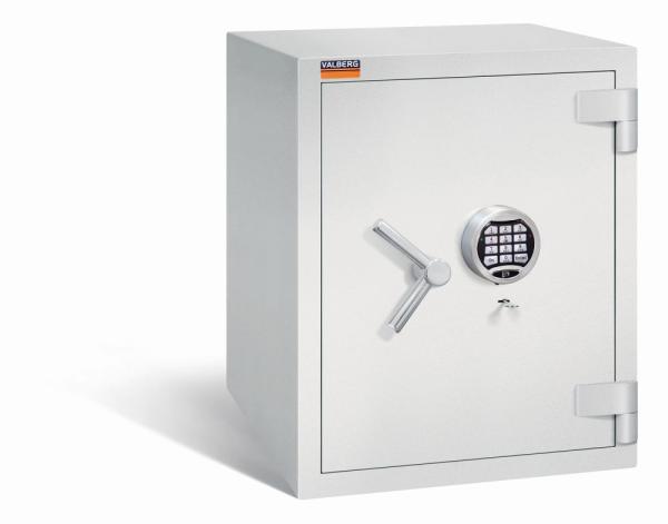 Ein Lichtgrauer Wertschutzschrank mit einem Doppelbart-Sicherheitsschloss und einem Elektronischen Schloss. Die Tür ist geschlossen. Das Produkt befindet sich vor einem weißen Hintergrund.