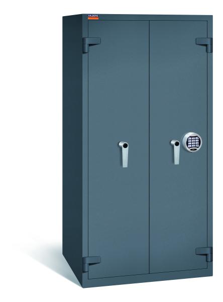 Ein graphitgrauer Möbeltresor mit einem elektronischen Schloss. Die Türen sind geschlossen. Der Tresor steht vor einem weißen Hintergrund.