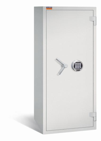 Ein lichtgrauer Wertschutzschrank einem Elektronischen Schloss. Die Tür ist geschlossen. Das Produkt befindet sich vor einem weißen Hintergrund.