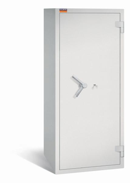 Ein lichtgrauer Wertschutzschrank mit einem Doppelbart-Sicherheitsschloss. Die Tür ist geschlossen. Das Produkt befindet sich vor einem weißen Hintergrund.