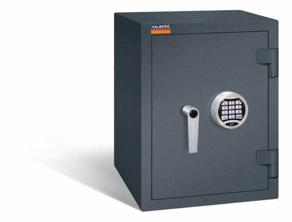 Ein graphitgrauer Wertschutzschrank mit einem Elektronischen Schloss. Die Tür ist geschlossen. Das Produkt befindet sich vor einem weißen Hintergrund.