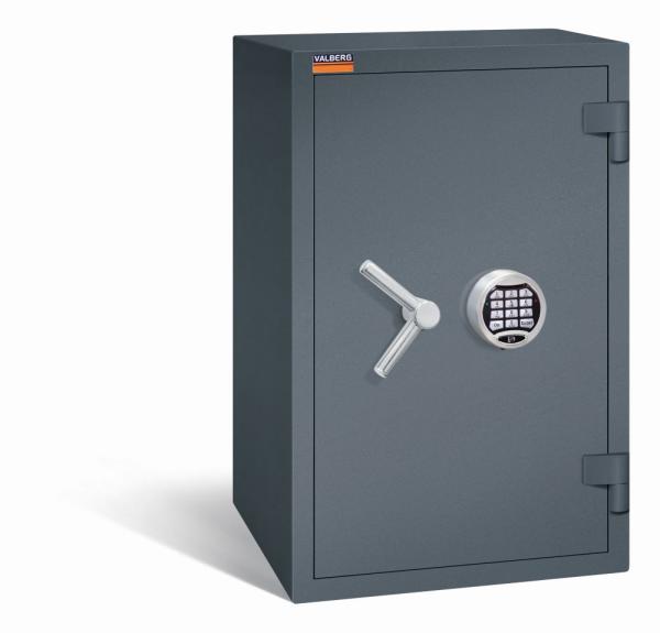 Ein graphitgrauer Wertschutzschrank mit einem Elektronischen Schloss. Die Tür ist geschlossen. Das Produkt befindet sich vor einem weißen Hintergrund.