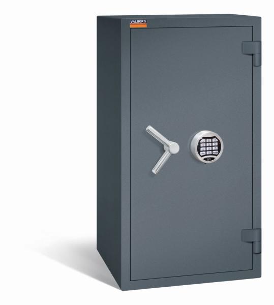 Ein graphitgrauer Wertschutzschrank mit einem Elektronischen Schloss. Die Tür ist geschlossen. Das Produkt befindet sich vor einem weißen Hintergrund.