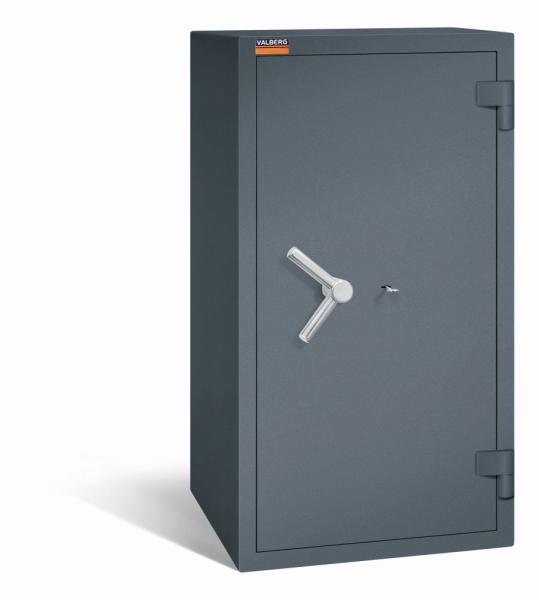 Ein graphitgrauer Wertschutzschrank mit einem Doppelbart-Sicherheitsschloss. Die Tür ist geschlossen. Das Produkt befindet sich vor einem weißen Hintergrund.