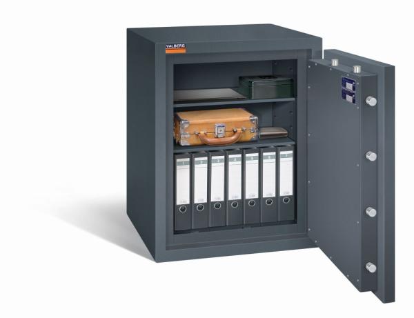 Ein graphitgrauer Wertschutzschrank mit einer geöffneten Tür. Im Innenraum befinden sich eine Reihe schwarze Aktenordner, ein Laptop, ein Aktenkoffer, ein Portemonnaie und eine Kassenbox. Das Produkt steht vor einem weißen Hintergrund.