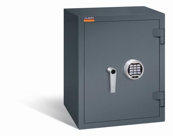 Ein graphitgrauer Wertschutzschrank einem Elektronischen Schloss. Die Tür ist geschlossen. Das Produkt befindet sich vor einem weißen Hintergrund.