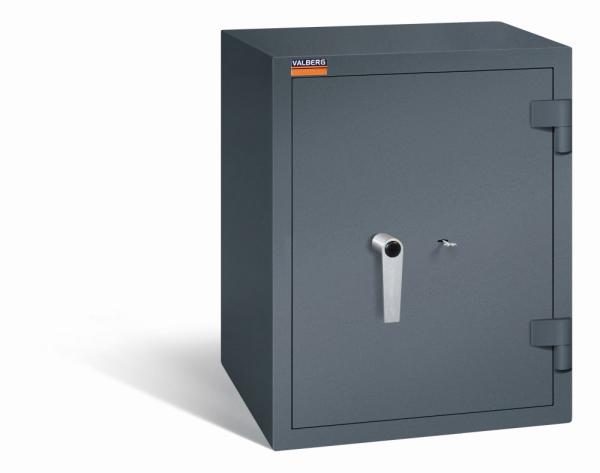 Ein graphitgrauer Wertschutzschrank mit einem Doppelbart-Sicherheitsschloss. Die Tür ist geschlossen. Das Produkt befindet sich vor einem weißen Hintergrund.