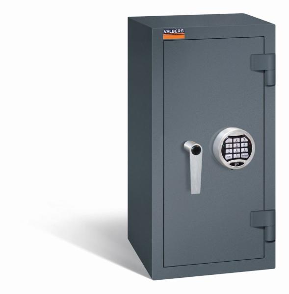 Ein graphitgrauer Wertschutzschrank einem Elektronischen Schloss. Die Tür ist geschlossen. Das Produkt befindet sich vor einem weißen Hintergrund.