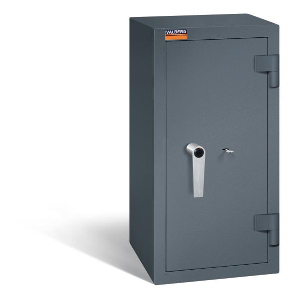 Ein graphitgrauer Wertschutzschrank mit einem Doppelbart-Sicherheitsschloss. Die Tür ist geschlossen. Das Produkt befindet sich vor einem weißen Hintergrund.